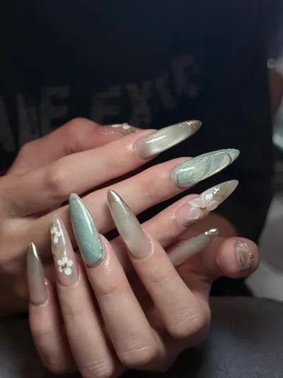 Featured nail art — sage cat-eye with hand-painted florals