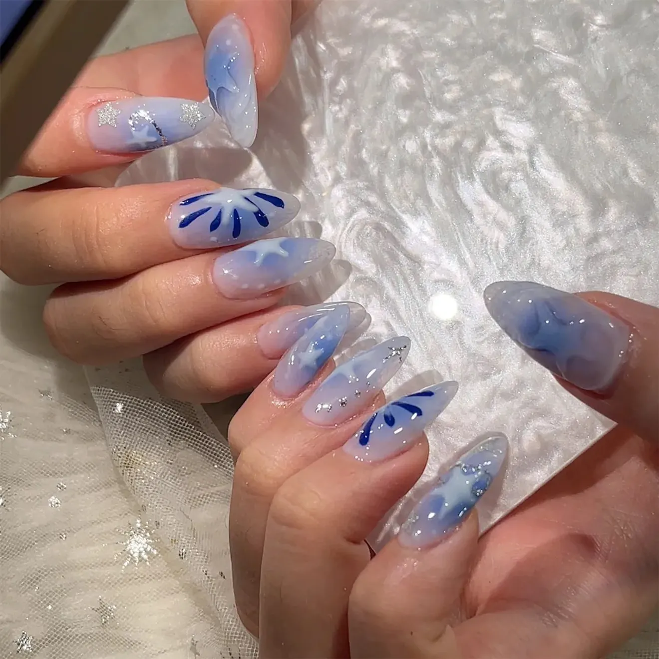 Hand-painted candy stripes on natural nails
